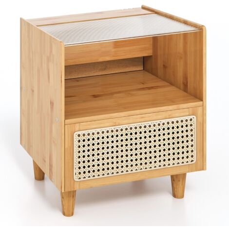 Comodino in bambù e rattan con cassetto e gambe in legno massello Tavolino da salotto boho 43x35x50cm Naturale 1 Pezzo