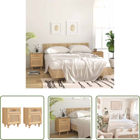 Comodino in legno -  Comodini 2 pz Marroni Legno Massello di Pino e Rattan Naturale