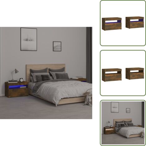 Comodino in legno - vidaXL Comodini 2 pz con Luci LED Rovere Fumo 60x35x40 cm - Comodino con piano espositivo