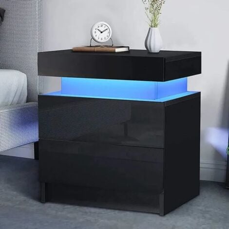 KEEPBUYING Comodino in MDF con 2 cassetti e 16 colori LED, moderno mobiletto portaoggetti - 35 x 45 x 52 cm - Nero