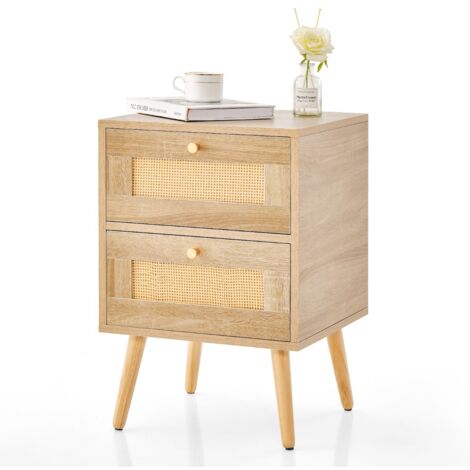 Comodino in rattan con 2 cassetti gambe in legno massello Tavolino comodino Boho laterale per soggiorno Naturale