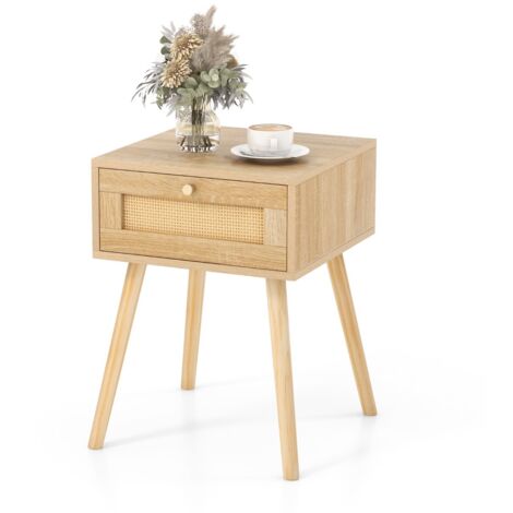 Comodino in rattan con decorazione intrecciata a mano Tavolino da letto boho in legno stile mid-century Naturale