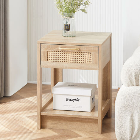 Comodino in rattan naturale 40x40x55 cm con cassetto, tavolino per camera da letto o soggiorno, MDF