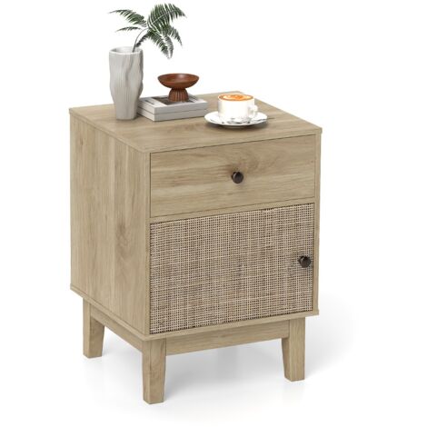Comodino in rattan stile medievale con cassetto e armadietto Tavolino boho con gambe in legno Naturale