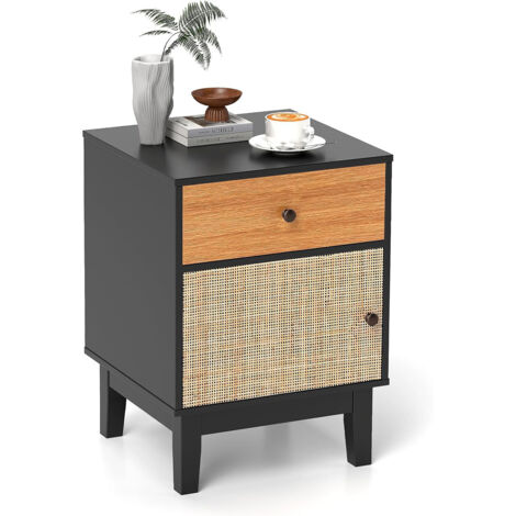 Comodino in rattan stile medievale con cassetto e armadietto Tavolino boho con gambe in legno Nero Marrone