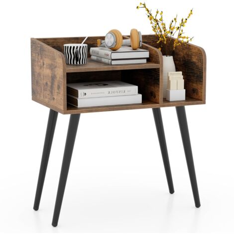 Comodino in stile moderno semplice ma pratico Tavolino a 2 piani con mensole aperte Marrone rustico Nero