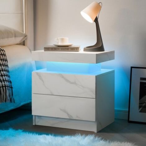 Comodino LED bianco pietra, 2 cassetti, per camera da letto