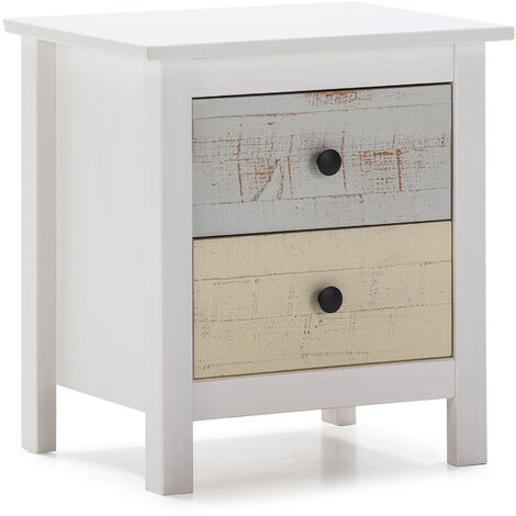 Comodino Magda Bianco con 2 cassetti di Diversi Colori, Realizzato in Pino Massiccio