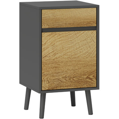 Comodino Moderno 40x39x69 cm con Cassetto e Armadietto in Truciolare Senza Maniglie Grigio Scuro e Legno