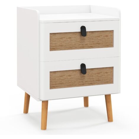 Comodino moderno con 2 cassetti gambe in legno massello stile boho Tavolino laterale 45x40x57cm Bianco