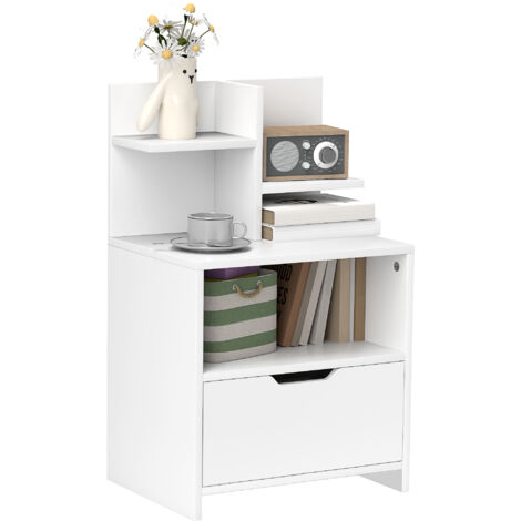 Comodino moderno con cassetto e ripiani per soggiorno e camera da letto, 45x35x73 cm, bianco.