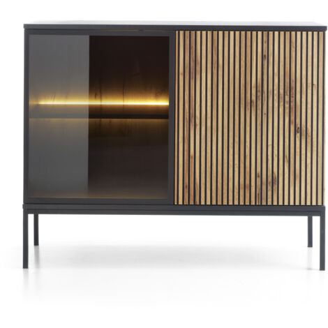 Comodino moderno con frontale scanalato, 54×56×39 cm, Nero / Rovere Wotan
