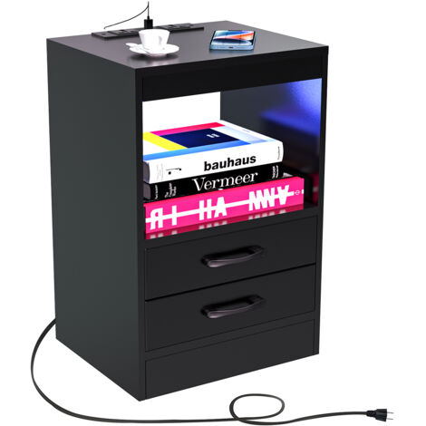 Comodino moderno Haloyo® a 3 cassetti con luci a LED, comodino con multipresa, per soggiorno, camera da letto, 40x35x60 cm, nero