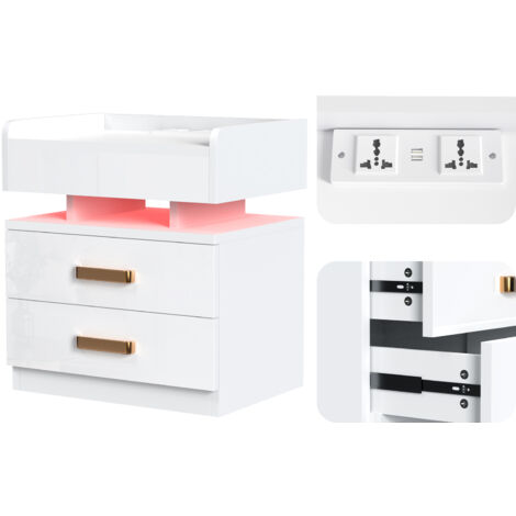 Comodino moderno Haloyo® a 3 cassetti con luci a LED, comodino con multipresa, per soggiorno, camera da letto, 45x35x52, bianco