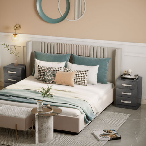 Comodino Moderno, Set 2 Pezzi con 3 Cassetti per Camera da Letto e Soggiorno in Truciolato, 40x36x56cm, Grigio
