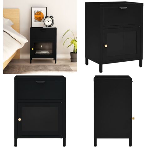Comodino Nero 40x30x54,5 cm in Acciaio e Vetro - Comodino in acciaio e vetro - Comodino nero