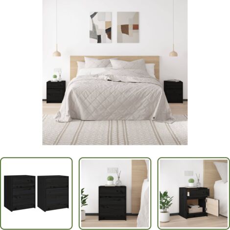 Comodino nero -  Comodini 2 pz Neri 40x31x50 cm in Legno Massello di Pino