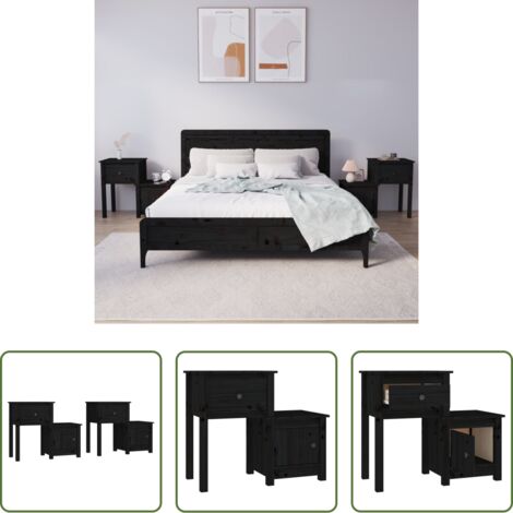 Comodino nero -  Comodini 2 pz Neri 79,5x38x65,5 cm in Legno Massello di Pino