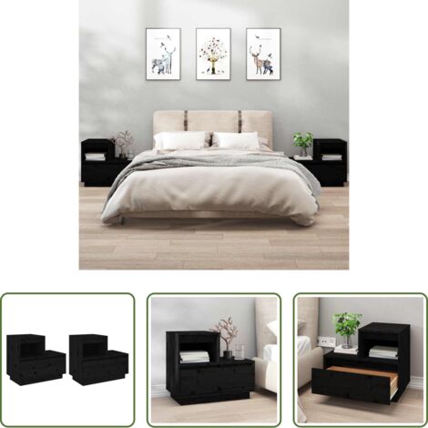 Comodino nero -  Comodini Neri 2 pz 60x34x51 cm in Legno Massello di Pino
