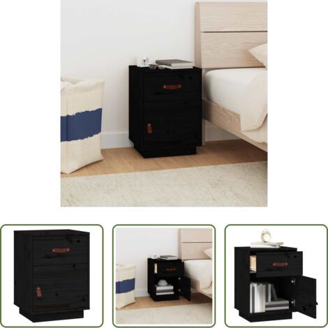 Comodino nero -  Comodino Nero 40x34x55 cm in Legno Massello di Pino