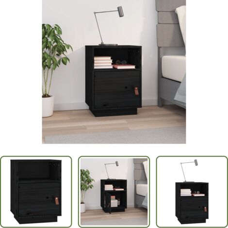 Comodino nero -  Comodino Nero 40x34x55 cm in Legno Massello di Pino