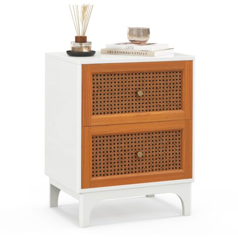 Comodino rattan con 2 cassetti decorati in rattan intrecciato a mano Tavolino boho con gambe in legno massello Bianco