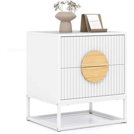 Comodino scanalato, comodino con 2 cassetti, maniglie in legno di pino e struttura in metallo, tavolino 48 x 40 x 55 cm, Bianco