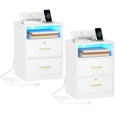 Comodino Set di 2, con Postazione di Ricarica, Porte USB e di Tipo C, Tavolino con Luci LED, 1 Scomparto Aperto e 2 Cassetti, per Camera da Letto, Soggiorno, Bianco
