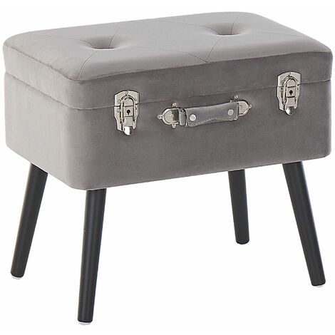Comodino Sgabello Contenitore Velluto Grigio Imbottito Gambe Nere Tipo Valigia Mallard