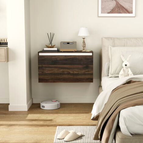 Comodino Sospeso con Cassetto Senza Maniglie, Comodino da Parete per Camera da Letto Moderno in Legno, 80x30x45 cm, Noce