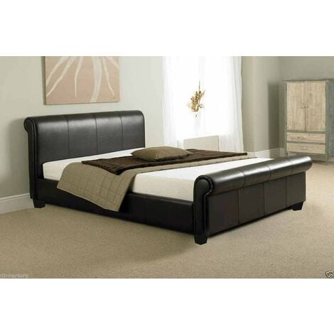 Comodo Modern Faux Leather Sleigh Bed  - Brown - 4ft Luxury Memory Mattress