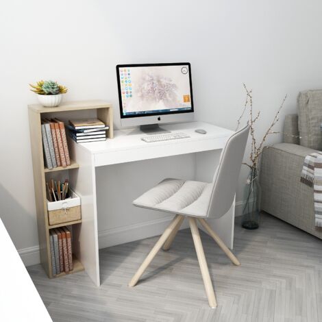 Compact Computer Desk with Shelves Space Saving Writing Desk for Home & Office, 110 x 40 x 92cm, Oak and White, Mondeer