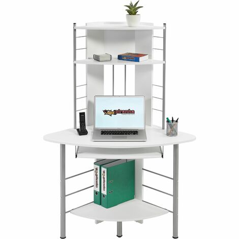 main image of "Compact Corner Computer Desk and Workstation with Shelves for the Home Office in White Woodgrain - Piranha Furniture Oscar - White Woodgrain"
