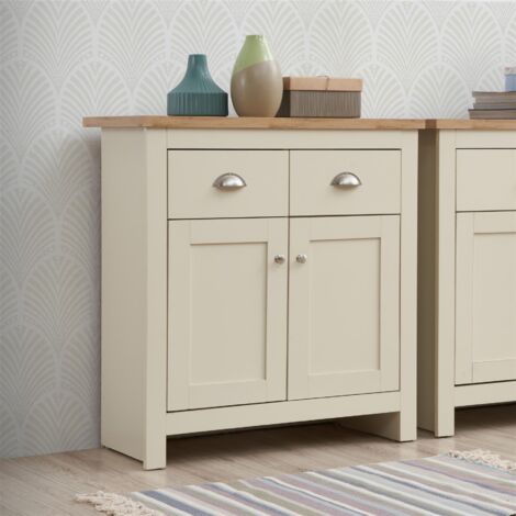 Compact Sideboard With 2 Doors & 2 Drawers Cream with Oak Top