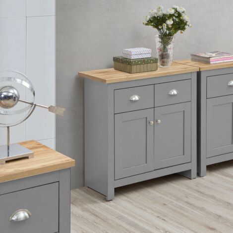 Compact Sideboard With 2 Doors & 2 Drawers Grey with Oak Top