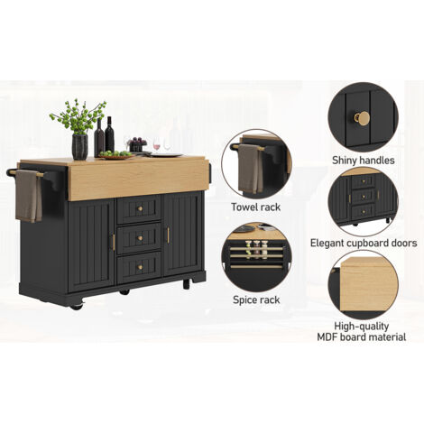 Compartiment de cuisine, armoire à couverts, armoire de buffet de 120 x 40 (80) x 95 cm. Voiture de cuisine rétractable, dotée de roulettes. Équipée d’une porte sur les deux côtés