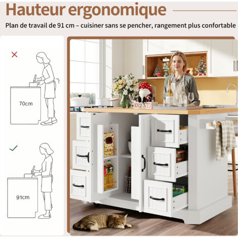 Compartiment de cuisine mobile, armoire à couteaux, chariot de cuisine avec 2 portes et 6 tiroirs. Conçu pour être déplacé. Dimensions : 120x45(75)x91 cm. Couleur : blanc/noir