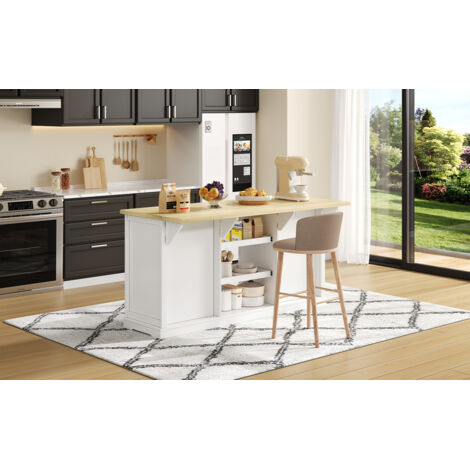 Compartiment de rangement, îlot de cuisine, armoire-bar avec 5 tiroirs, 2 étagères rétractables, plaque amovible permettant une extension des capacités, prises électriques intégrées