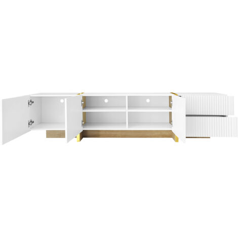 Compartiment de rangement pour téléviseurs, mesurant 190 cm de long. Il possède 3 portes et 2 compartiments intérieurs. La couleur du produit est blanc avec des motifs dorés.