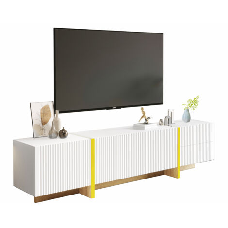 Compartiment de rangement pour téléviseurs, mesurant 190 cm de long. Il possède 3 portes et 2 compartiments intérieurs. La couleur du produit est blanc avec des motifs dorés.