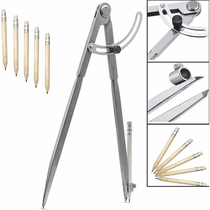 Start - Compas pointu 300 mm / 12 pouces, grand crayon marqueur avec porte-crayon pour cercles de dessin, menuiserie, travail du métal et travail du