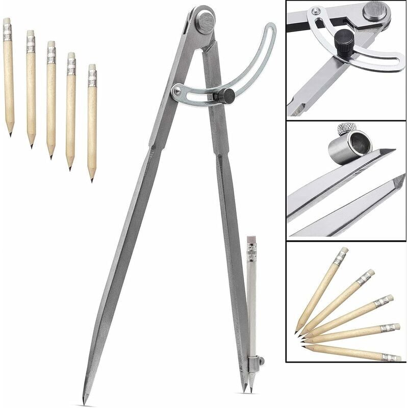 Ikodm - Compas pointu 300 mm / 12 pouces, grand crayon marqueur avec porte-crayon pour cercles de dessin, menuiserie, travail du métal et travail du