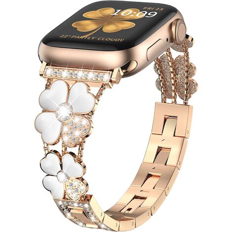 Compatible avec Apple Watch Band 38 mm 40 mm 41 mm Femme, Bling Diamond Dressy Jewelry Bracelet en métal Bracelet pour iWatch Series 7 6 SE 5 4 3 2 1, Or rose/blanc