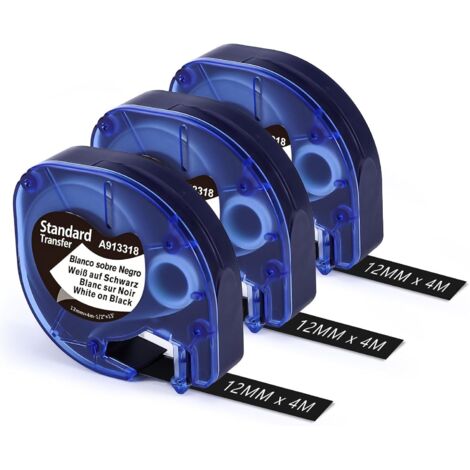 Compatible con cinta Dymo Letratag blanca sobre negra de 12 mm x 4 m A913318 913318, compatible con cinta de plástico Dymo LetraTag compatible con Dymo LetraTag LT-100H LT100T XR 200B