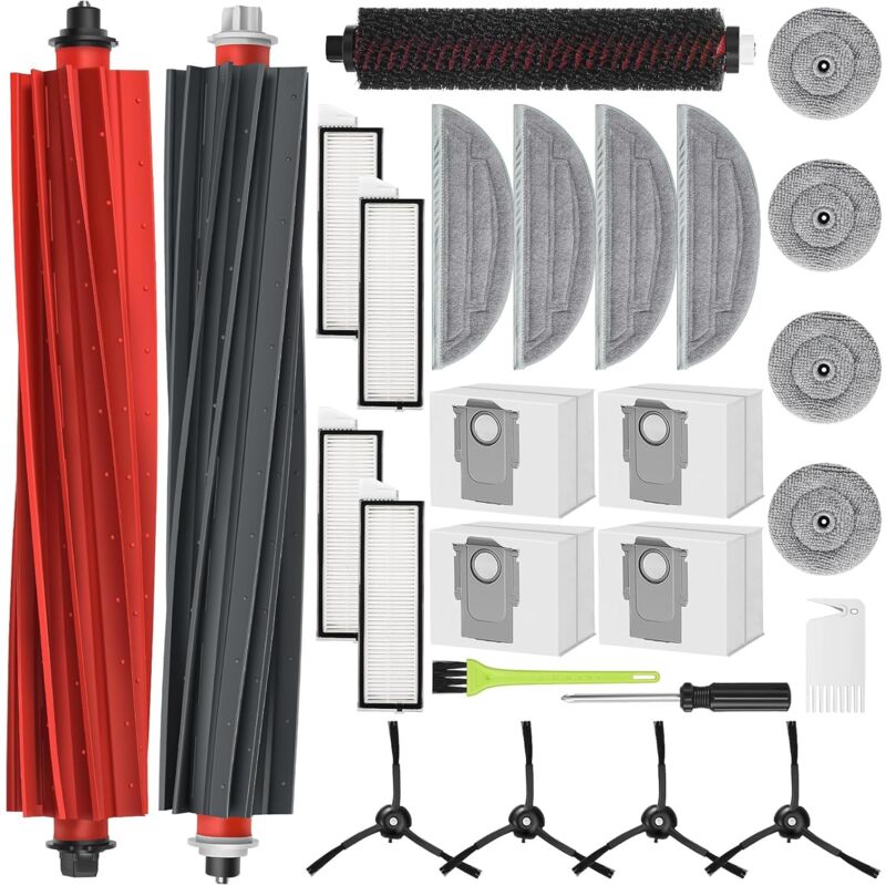 Compatible pour Roborock S8 MaxV Ultra Pièces de Rechange Kit, 2 Brosse Principale 4 Sacs à Poussière 4 Chiffons de Nettoyage 4 Filtres 4 Serpillères