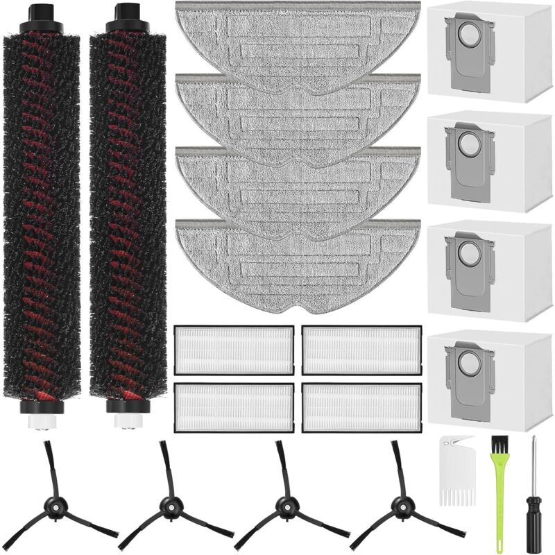 Compatible pour Roborock S8 Pro Ultra Pièces de Rechange 4 Sacs à Poussière, 2 Brosse De Nettoyage, 4 Filtres 4 Brosse Latérale, 4 Chiffon Nettoyage