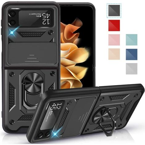 Compatible with Samsung Galaxy Z Flip 3 5G Case with Ring Holder 360 Protection, Z Flip 3 Dual Military Case Ultra Thin Shockproof Silicone Cover Leather Case Black
