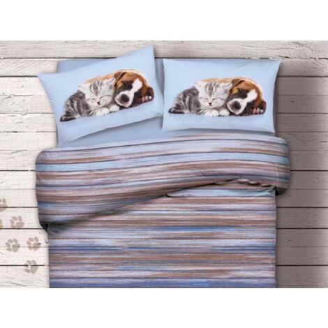 COMPLET muni de la FICHE de DRAPS de lit de CHIEN ET de CHAT BLEU var.454 LIT DOUBLE 2 PLACES