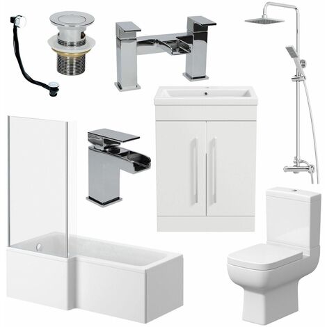main image of "Complete 1500mm LH L Shaped Bathroom Suite Bath Screen Toilet Shower Sink Vanity"