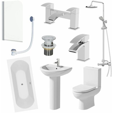 main image of "Complete 1700mm Bathroom Suite Bath Shower Screen Toilet Taps Basin Pedestal"